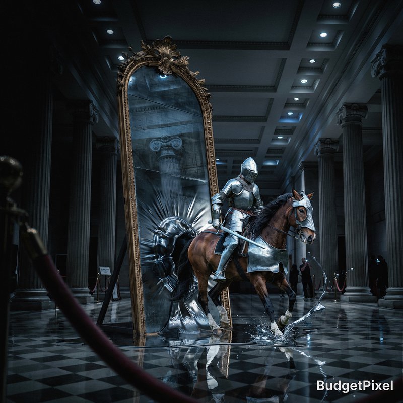 A surreal and extraordinary museum exhibit where a grand, ornate silver mirror has turned into a liquid portal. A knight in shimmering plate armor, riding a magnificent horse, is literally stepping out of the mirror's surface onto the museum's marble floor. The silver liquid is splashing and rippling, reflecting the dark museum hall and high-contrast shadows. Hyper-detailed textures, sense of epic wonder.
