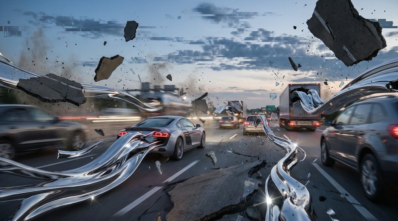 Surreal distorted highway scene with warped liquid chrome, flying asphalt debris, and moving traf...