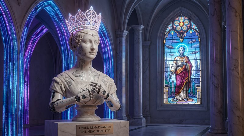 Cybernetic noble queen bust with glowing crown sits on pedestal in neon-lit Gothic cathedral, fut...