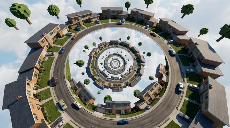 Surreal recursive 3D render of infinite concentric circular suburban neighborhood with floating b...