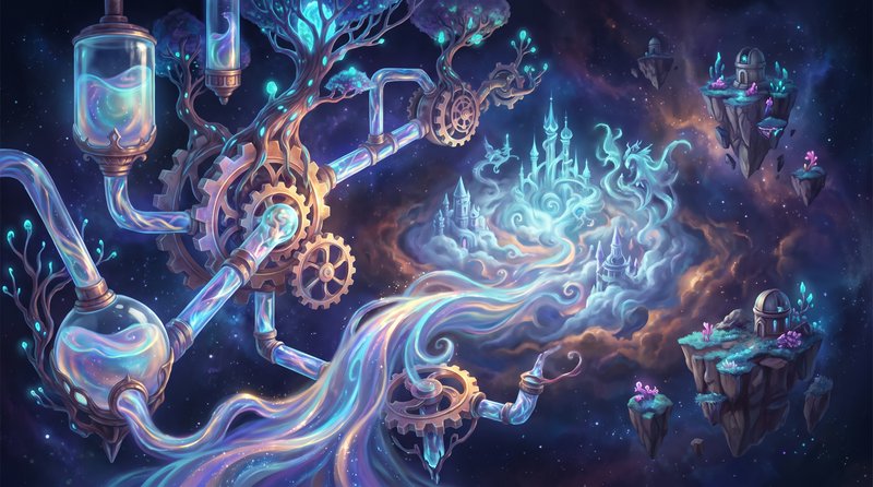 Surreal steampunk fantasy illustration of glowing magical machinery channeling energy to floating...