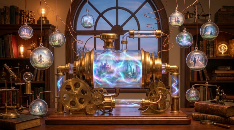 Intricate brass steampunk memory machine surrounded by hanging enchanted story glass orbs in a co...