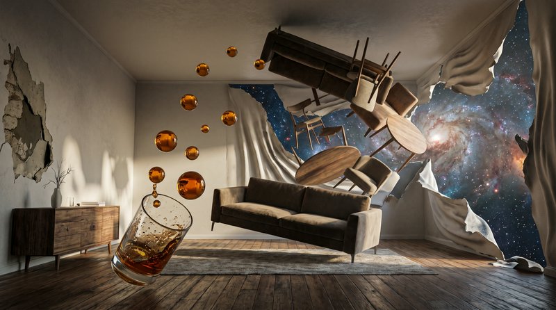 Surreal gravity-defying living room with floating furniture, spilling amber drink, and torn walls...