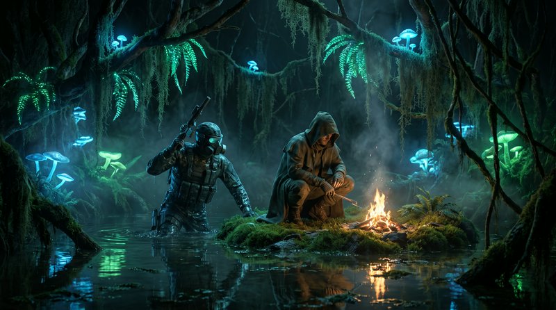Hooded survivor tends a campfire on a mossy islet, as an armed tactical soldier stands in a glowi...