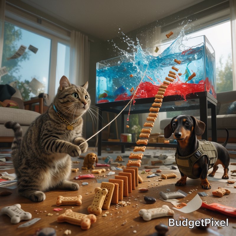 A unique 'heist' scene where a group of pets has turned a modern living room into a complex Rube Goldberg machine of trouble. A clever tabby cat pulls a string that triggers a cascade of falling dominos made of dog treats, eventually toppling a giant fish tank. A dachshund wearing a miniature 'tactical' vest watches the chaos unfold. The room is a masterpiece of elaborate, lovable destruction. Cinematic lighting, whimsical style.