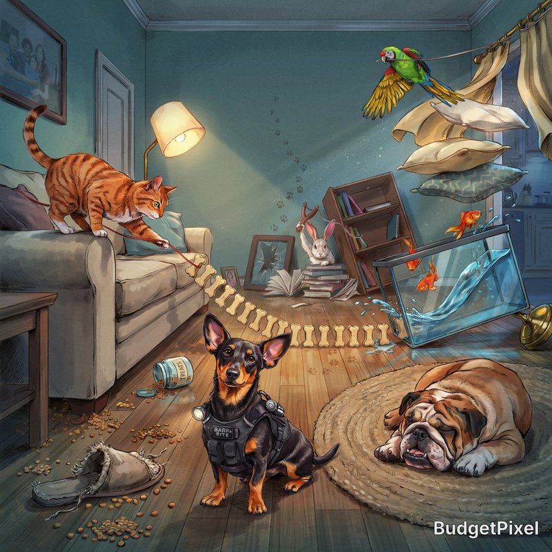A unique 'heist' scene where a group of pets has turned a modern living room into a complex Rube Goldberg machine of trouble. A clever tabby cat pulls a string that triggers a cascade of falling dominos made of dog treats, eventually toppling a giant fish tank. A dachshund wearing a miniature 'tactical' vest watches the chaos unfold. The room is a masterpiece of elaborate, lovable destruction. Cinematic lighting, whimsical style.