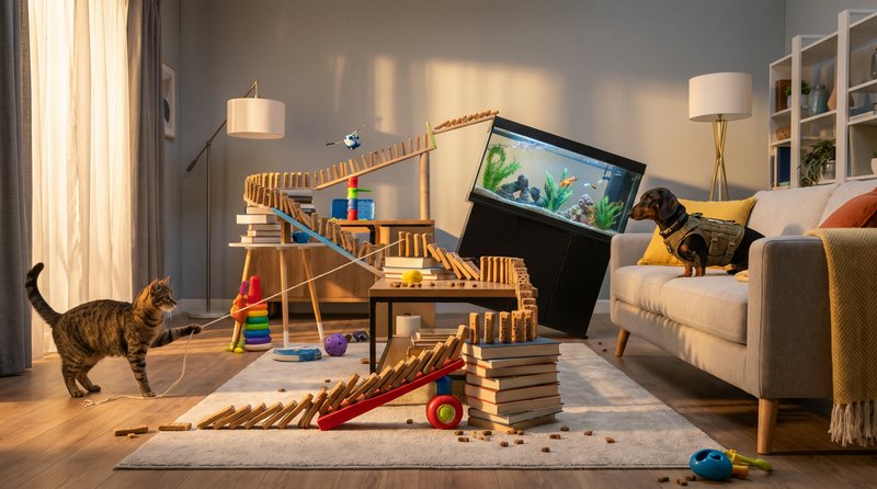 Tabby cat triggers a domino Rube Goldberg machine while a tactical-vest dachshund watches in a su...