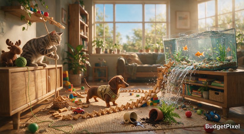 Mischievous tabby cat pulls a rope triggering a domino trail that spills a fish tank, as a surpri...