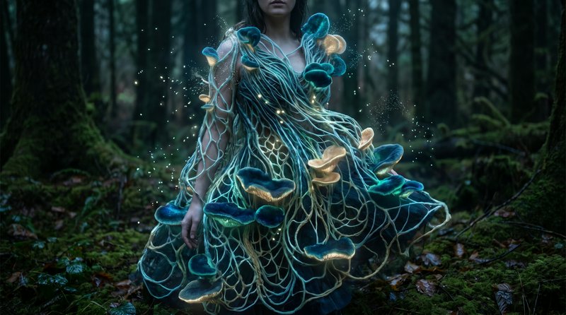Woman in glowing bioluminescent mycelium mushroom gown stands in a misty mossy old growth forest