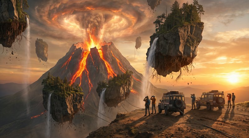 Overlanding adventurers with offroad vehicles watch an erupting volcano above floating islands at...