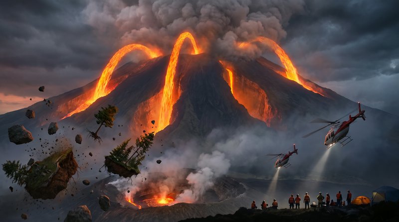 Violent erupting volcano with arcing lava flows, rescue helicopters, and researchers observing fl...