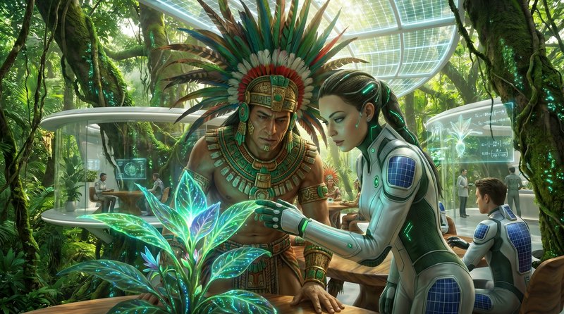 Aztec leader and futuristic scientist examine a glowing bioluminescent plant inside a sunlit rain...