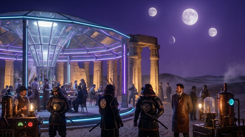 Surreal steampunk desert night scene with samurai, neon glass bar pavilion, ancient ruins, multip...