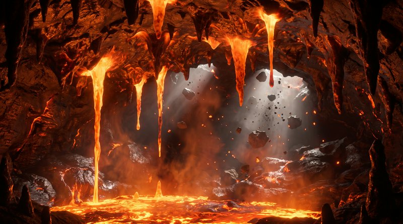 Fiery underground volcanic cave with dripping lava stalactites, glowing molten magma pool, and fa...