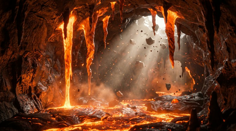 Glowing molten lava stalactites hang inside a rocky volcanic cave above churning magma, with fall...