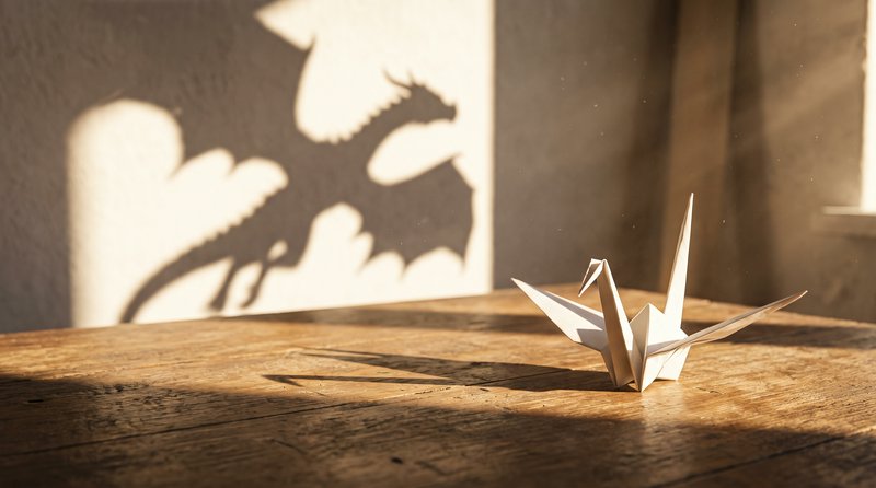 White origami crane on a wooden table casts a surprising winged dragon shadow on a sunlit wall