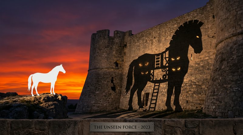 Surreal 2023 art installation: glowing white horse faces spooky Trojan Horse silhouette on a ston...