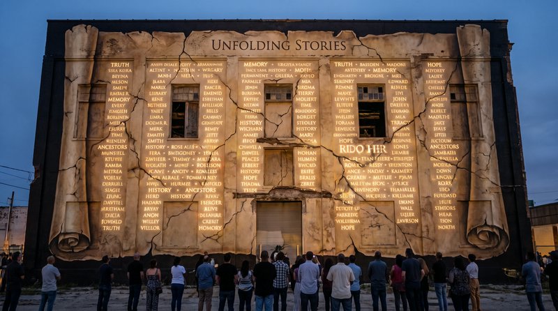 Crowd views "Unfolding Stories" projection mapping art of a giant cracked parchment scroll buildi...