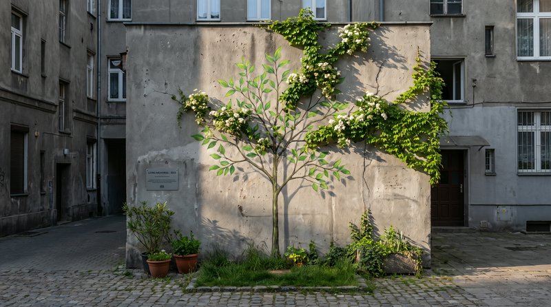 Concrete courtyard wall with painted tree mural perfectly blended with real climbing ivy and pott...