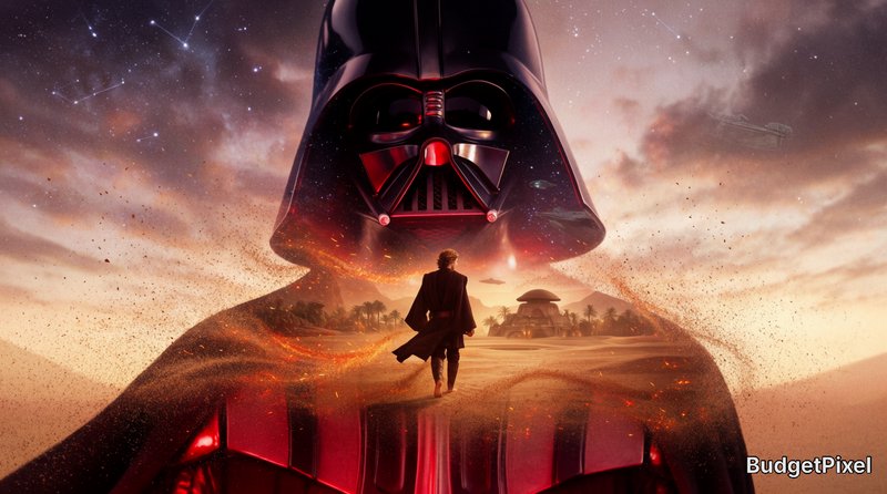 A striking double exposure portrait using the silhouette of Darth Vader facing forward, his expression hidden behind the iconic mask yet radiating calm intensity. Within his dark silhouette lies a dreamlike inner world: a vast, desolate Star Wars desert planet like Mustafar or Tatooine, with a lone figure (Anakin Skywalker) walking barefoot toward a distant Jedi temple or oasis beneath a dramatic twilight sky. The volcanic sand swirls like whispers of memory, glowing faintly with the Force. Above, constellations and distant starships shimmer. The outer silhouette is lit with the cold red glow of a lightsaber, contrasting the warm golden and fiery hues of the inner journey. Emotional, surreal, symbolic of conflict, destiny, and solitude. Ultra high-definition, cinematic feel.