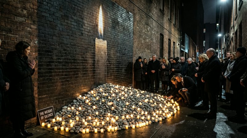 Solemn candlelit vigil group gathers beside large candle mural on brick alley wall, memorial disp...