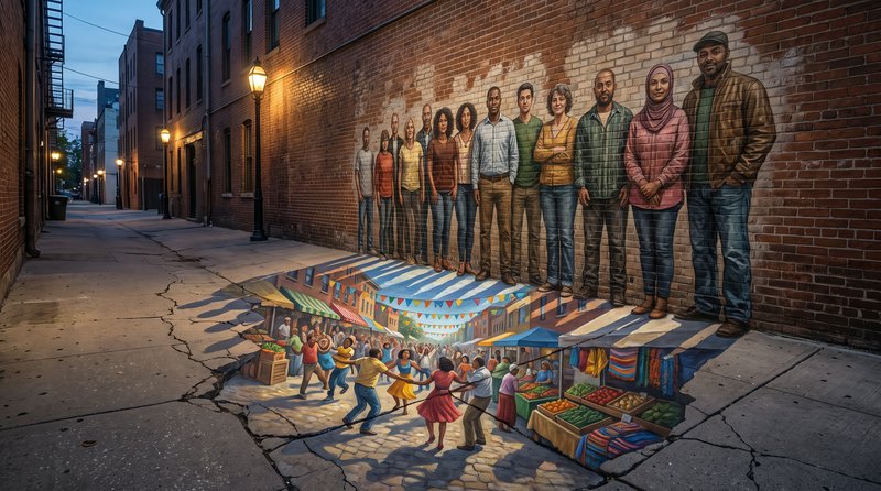 3D street art and diverse community brick wall mural on a twilight urban alley sidewalk