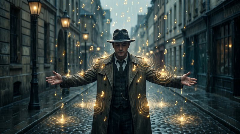 Vintage noir detective stands with outstretched arms as glowing golden musical notes rain down ar...