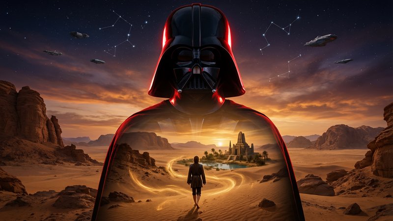 A striking double exposure portrait using the silhouette of Darth Vader facing forward, his expression hidden behind the iconic mask yet radiating calm intensity. Within his dark silhouette lies a dreamlike inner world: a vast, desolate Star Wars desert planet like Mustafar or Tatooine, with a lone figure (Anakin Skywalker) walking barefoot toward a distant Jedi temple or oasis beneath a dramatic twilight sky. The volcanic sand swirls like whispers of memory, glowing faintly with the Force. Above, constellations and distant starships shimmer. The outer silhouette is lit with the cold red glow of a lightsaber, contrasting the warm golden and fiery hues of the inner journey. Emotional, surreal, symbolic of conflict, destiny, and solitude. Ultra high-definition, cinematic feel.