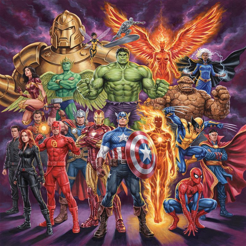 Painted comic art of a stacked lineup of iconic Marvel superheroes posed against a swirling purpl...