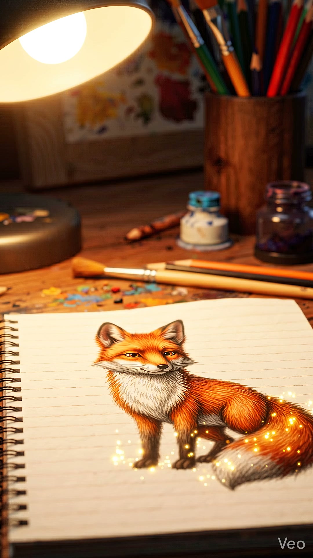 A detailed drawing of a red fox on an open notebook page in an artist’s desk with brushes and pai...