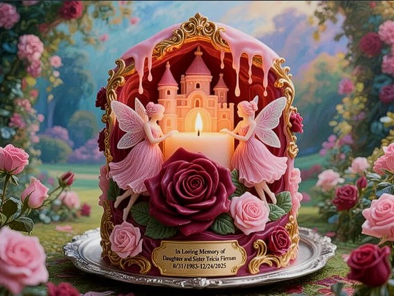 Elaborate pink garden cake with a candlelit castle centerpiece, roses, and two fairy figurines in a floral setting.