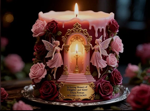 Memorial candle cake adorned with pink roses, fairy angels, and a gold decorative centerpiece.
