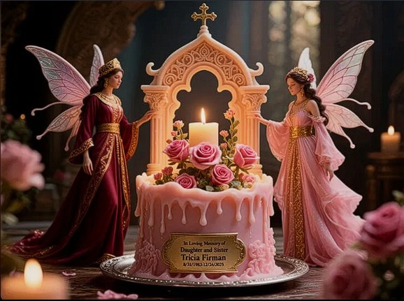 Pink memorial cake with roses and two fairy statues beside an ornate arch