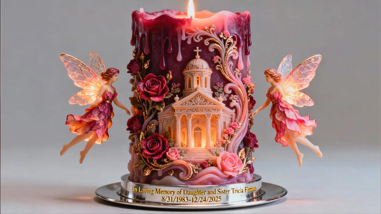 Decorative memorial candle with a lit purple-pink flame, ornate church motif, roses, and two pink fairy figurines.