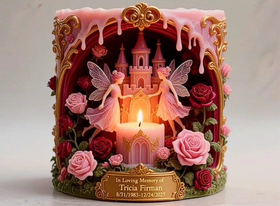 Memorial candle display with a pink castle, angels, and roses inside an ornate frame.