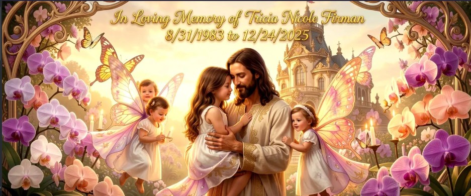 Jesus with children and angel wings among pastel flowers in a memorial tribute scene.