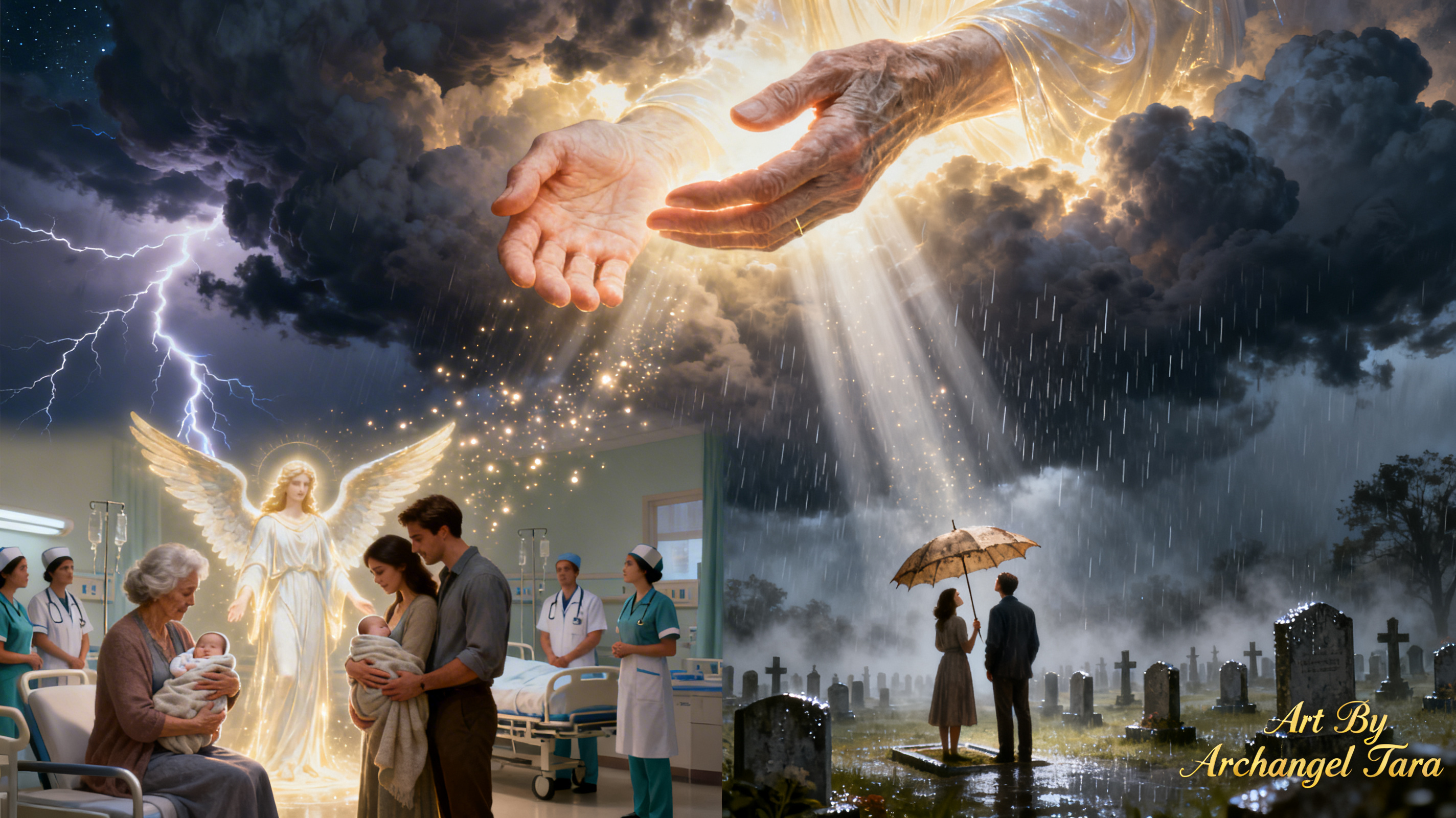 Divine hands reach from stormy clouds over a hospital maternity scene and a couple in a cemetery beneath rain.