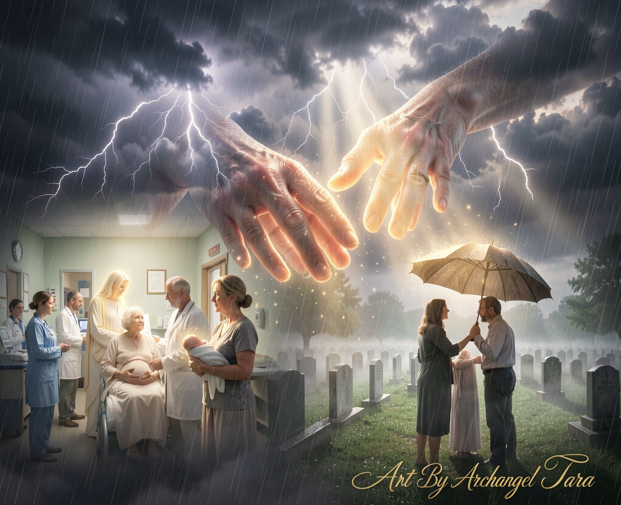 Heavenly giant hands reach from storm clouds toward a hospital ward and cemetery, symbolizing care and connection.