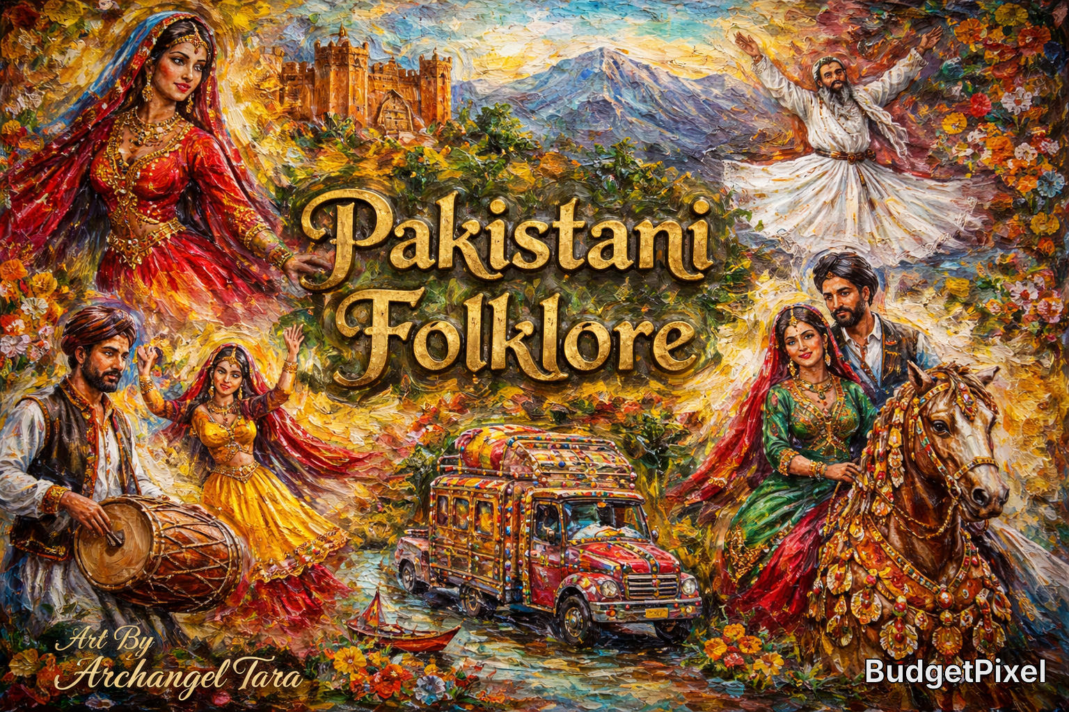 Vibrant Pakistani folklore painting featuring dancers, musicians, horse rider, colorful bus, and castle backdrop.