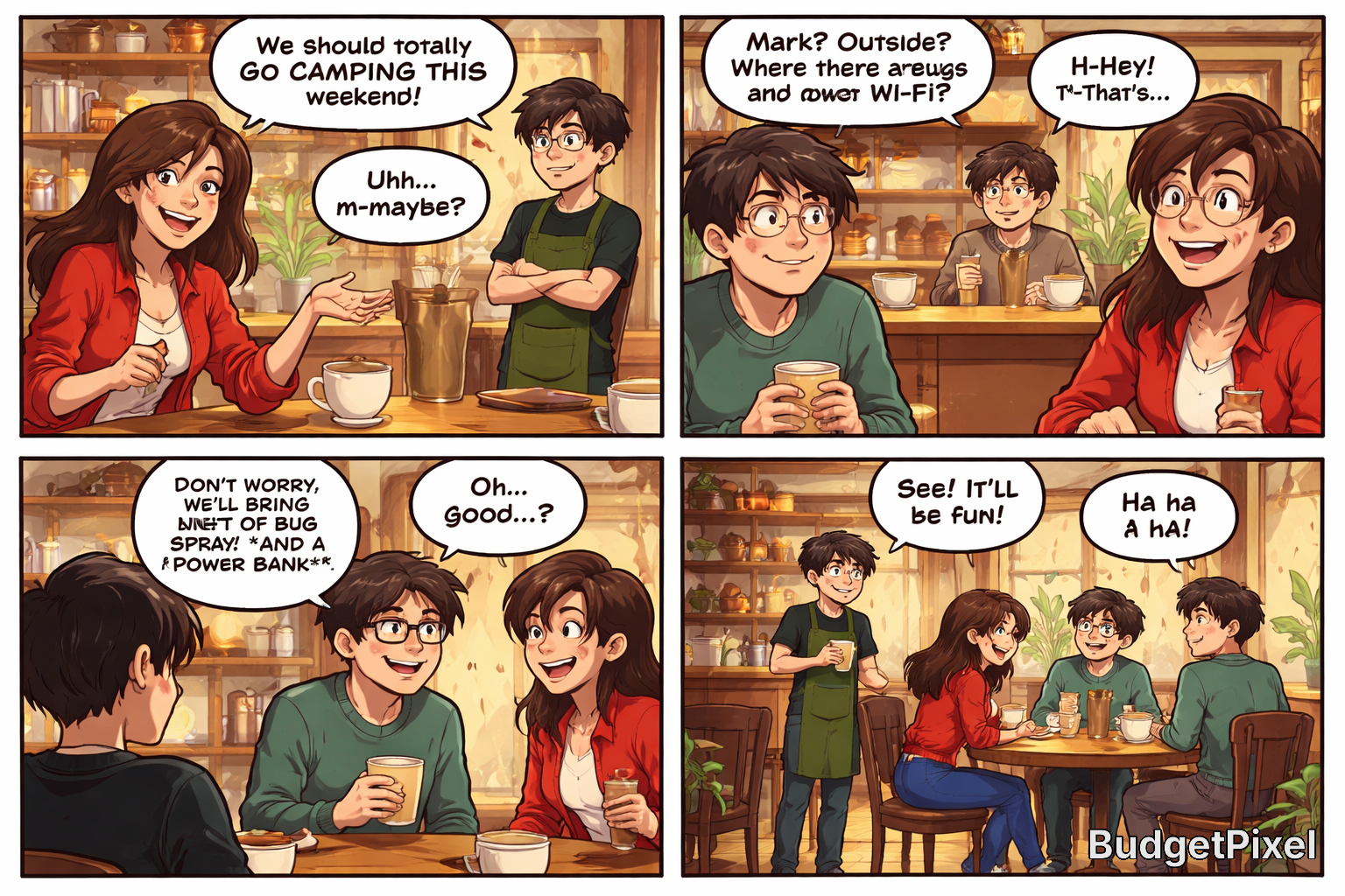 Three friends in a cozy cafe discuss camping plans, with playful banter about bug spray and power banks.