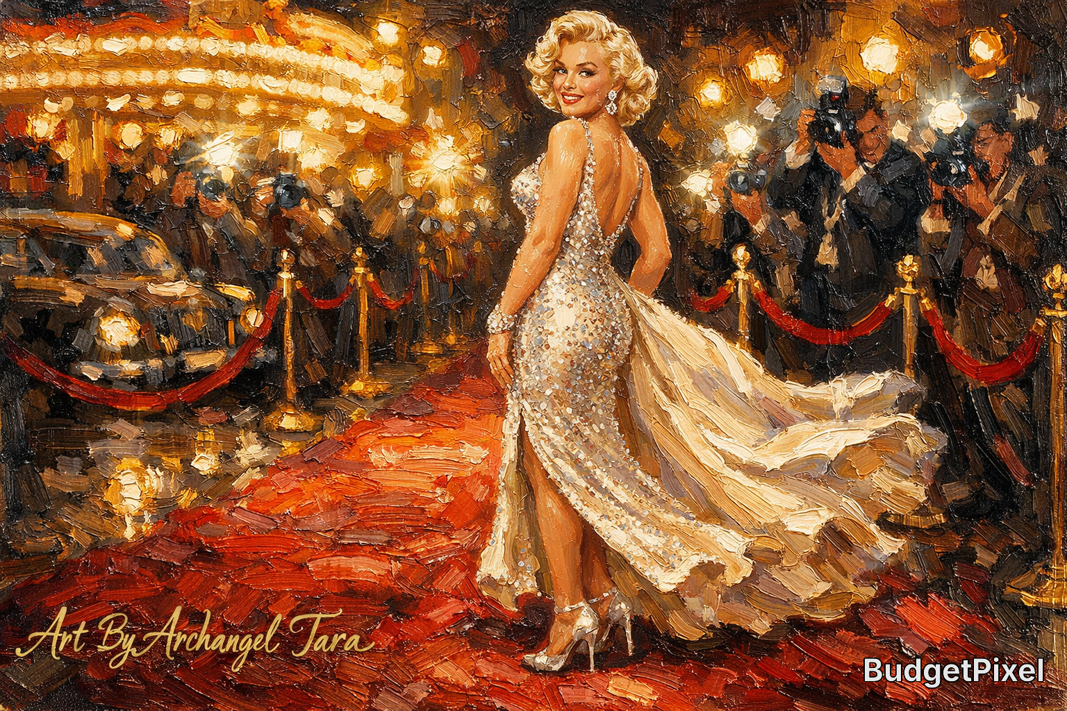 Glamorous woman in a sparkling silver gown on a red carpet with photographers in the background.
