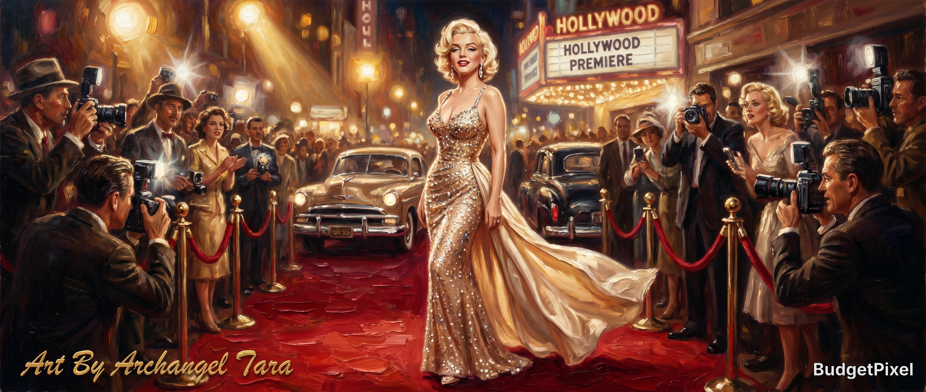 Glamorous 1950s Hollywood red-carpet scene with a Marilyn Monroe-inspired star posing among paparazzi.