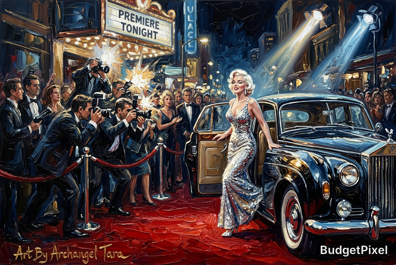 Glamorous movie premiere on a red carpet with a silver-dressed star stepping from a vintage black car as paparazzi flash.