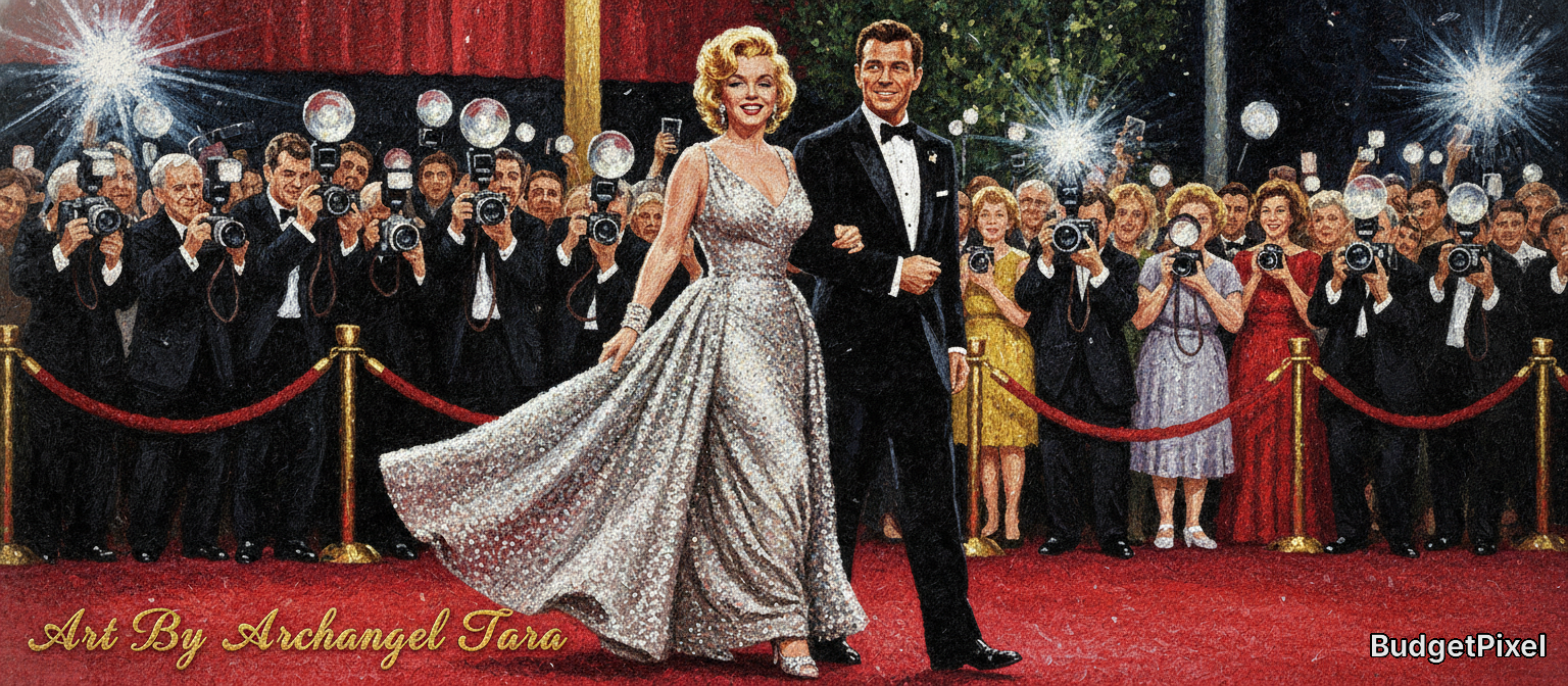 Glamorous couple in black-tie attire walk the red carpet as paparazzi snap photos.