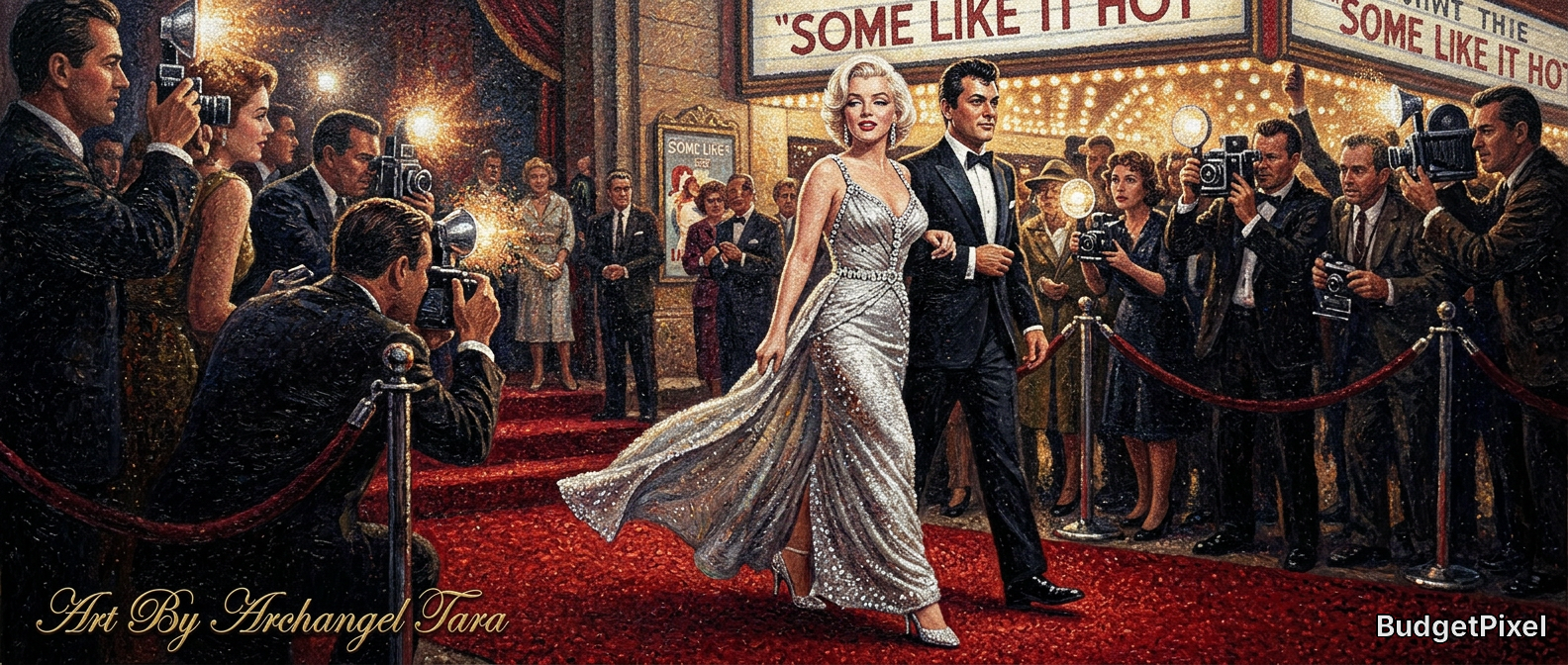 Glamorous couple on a red carpet, surrounded by photographers at a film premiere.