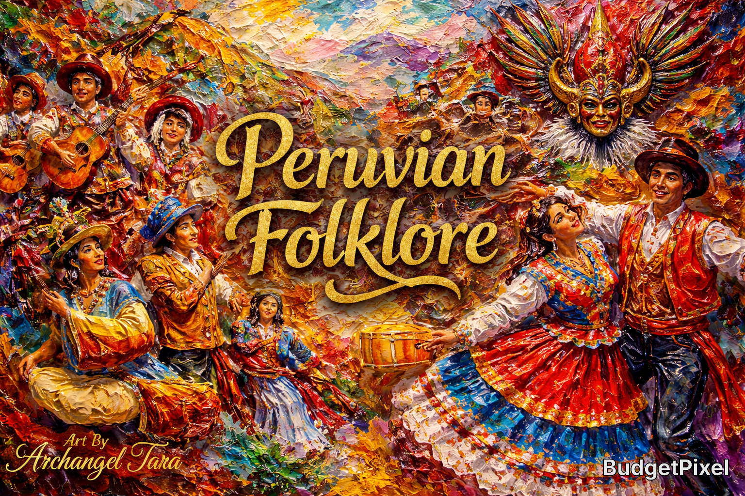 Colorful Peruvian folklore scene with dancers in traditional costumes and musicians.