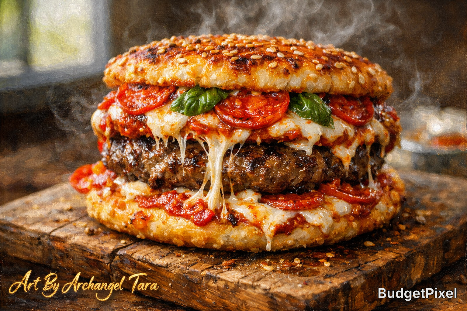 Jumbo sesame-bun cheeseburger with pepperoni, melted cheese, tomato sauce, and basil on a rustic wooden board.