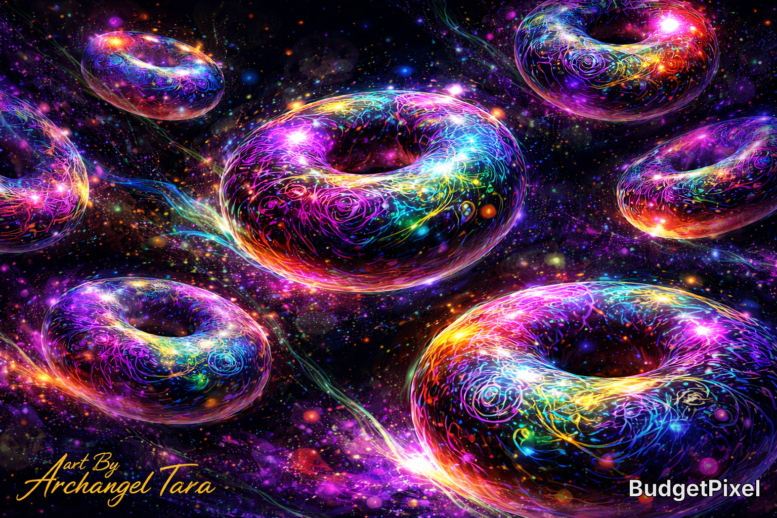 Colorful neon torus shapes swirling in a cosmic, starry background.