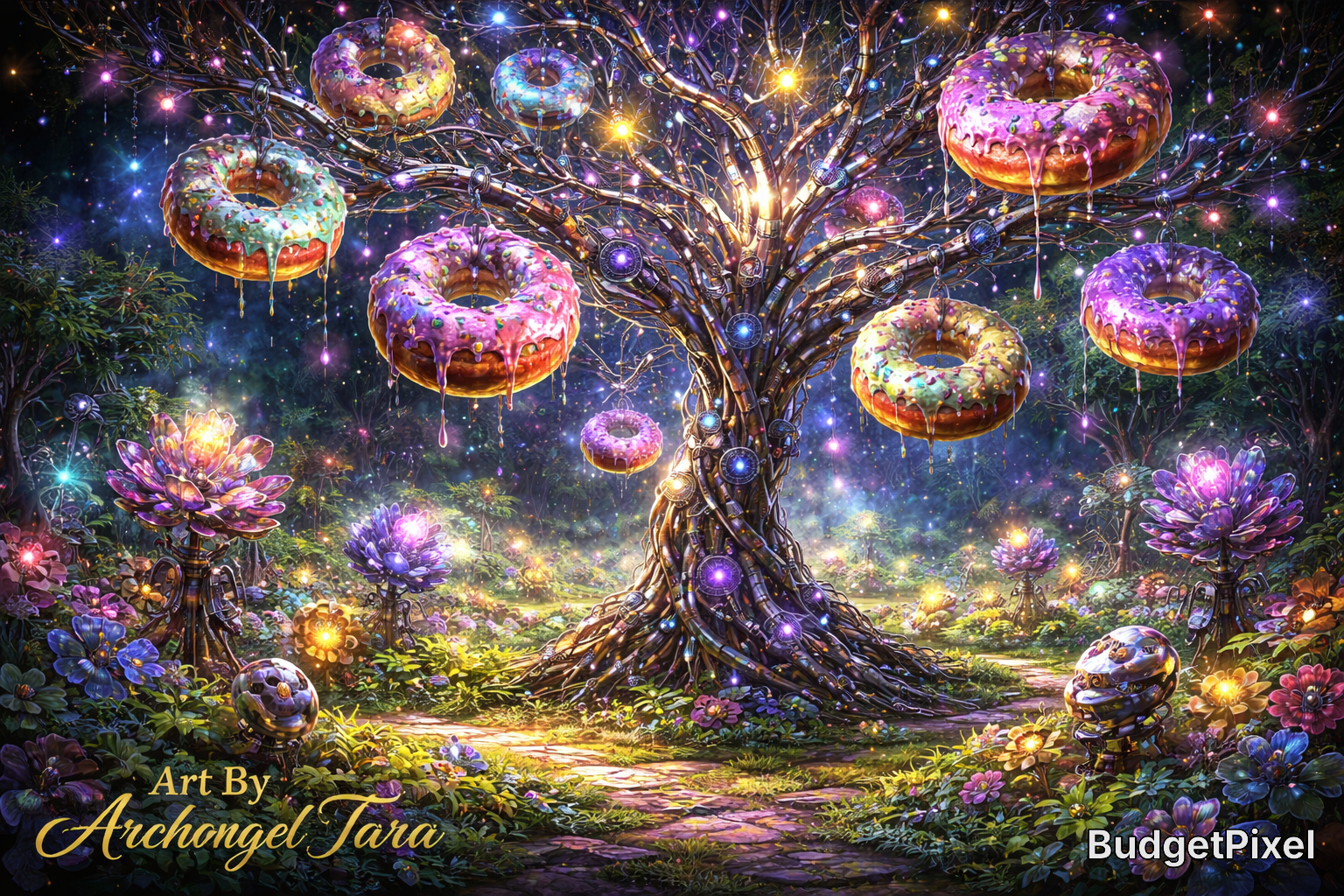 Fantasy tree with colorful donuts hanging from branches in a neon, magical garden.