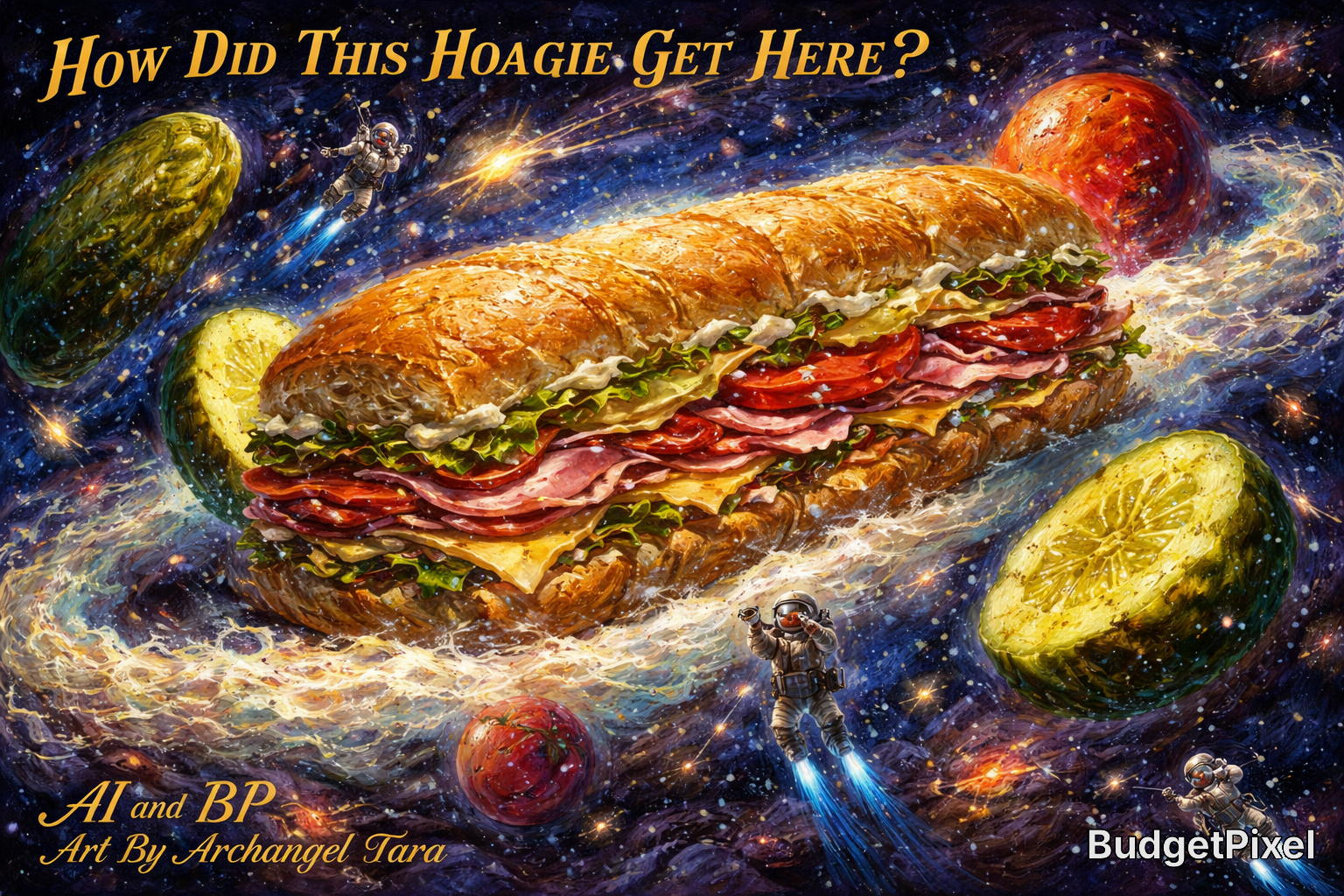 Surreal space scene with a giant hoagie sandwich floating among planets and astronauts.